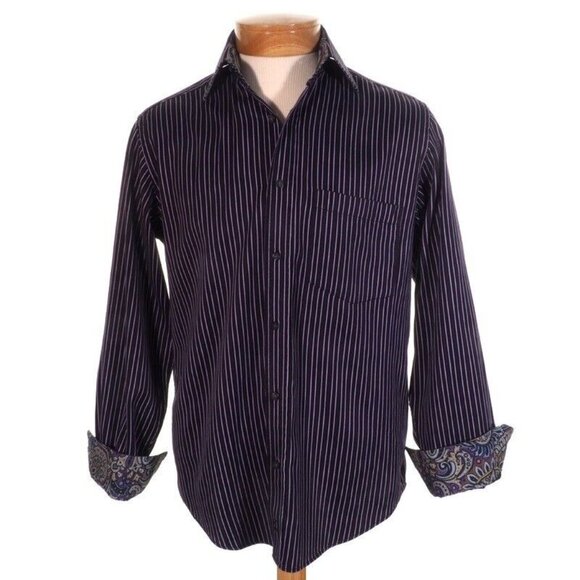 Bugatchi Mens Small 14-14.5 Long Sleeve Striped Shirts With Contrast Cuffs & Col - Picture 4 of 9